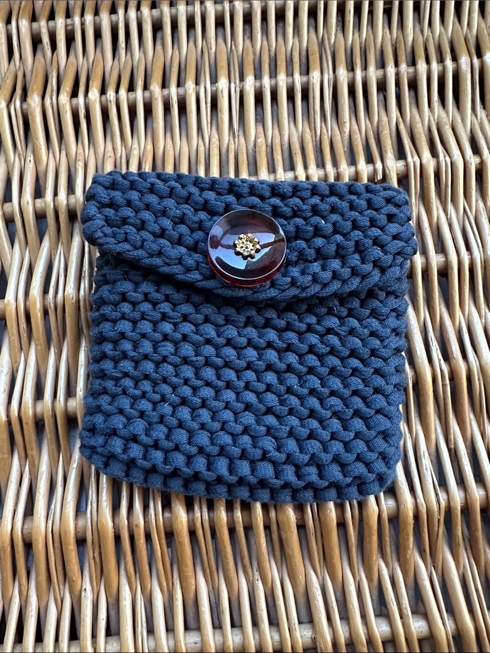 Hand-Knit Navy Blue Pouch with Decorative Button